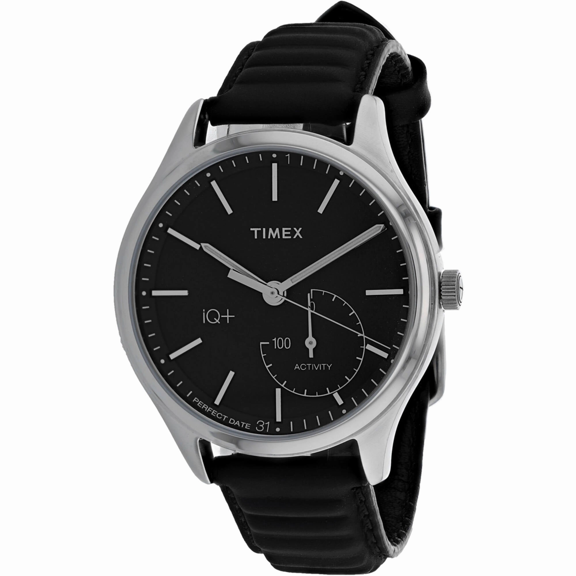 Timex Men's Watch - iQ  Move Silver Tone Case Black Dial Leather Strap | TW2P93200 