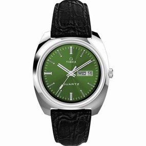 Timex Men's Watch - Q Timex Quartz Date Green Dial Black Leather Strap | TW2W44700 men's watches best men's watches under $500 affordable men's watches men watches classic