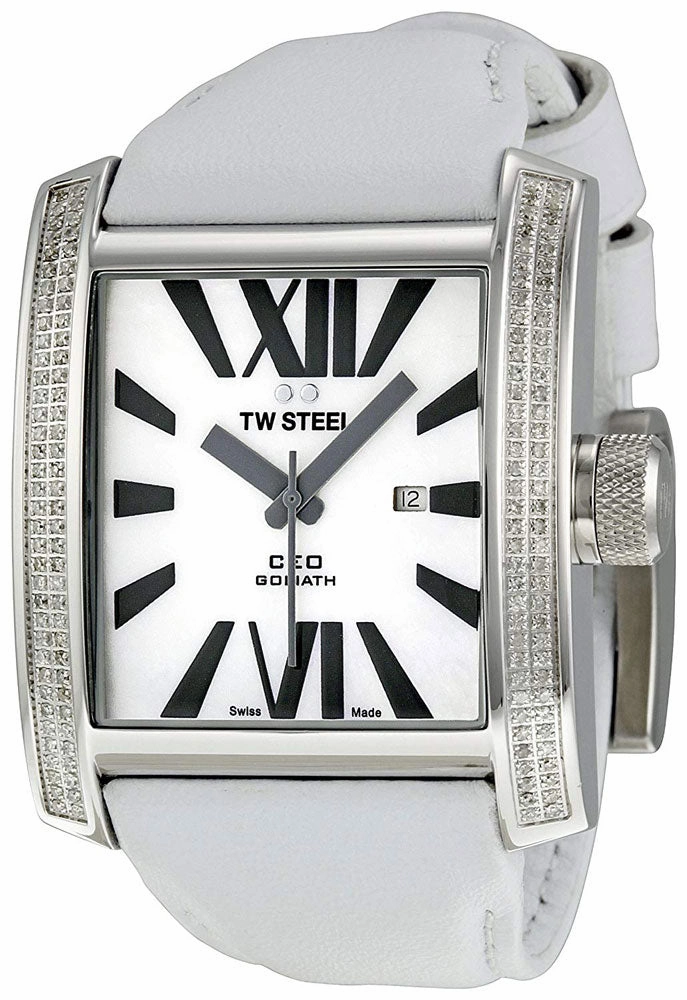 TW Steel CEO Goliath Stainless Steel White Leather Diamonds Mother of Pearl Quartz Unisex Watch CE3015 Women??s luxury watches Affordable women watches