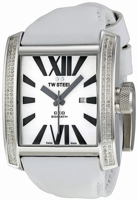 TW Steel CEO Goliath Stainless Steel White Leather Diamonds Mother of Pearl Quartz Unisex Watch CE3015 Women??s luxury watches Affordable women watches