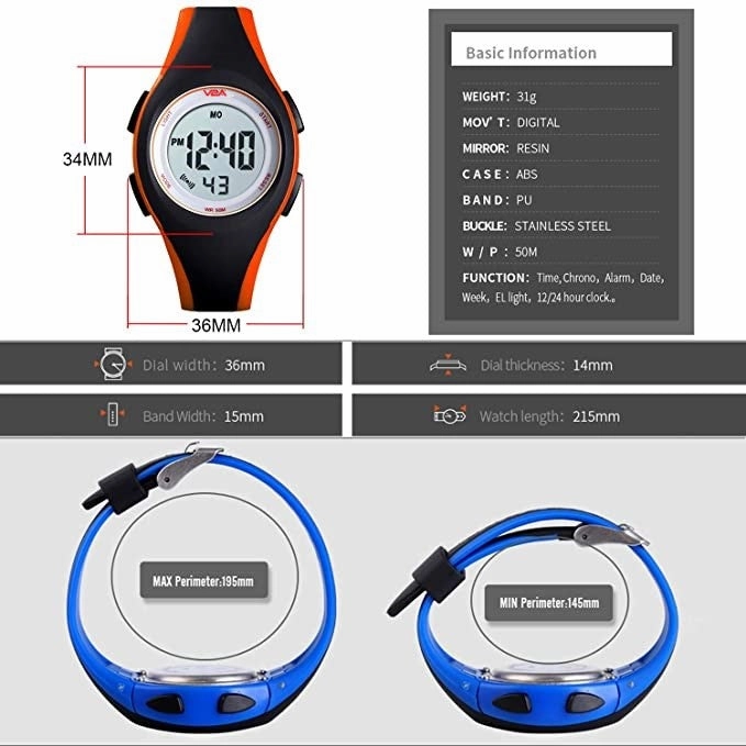 V2A 5ATM Waterproof Digital Kids Sports Watch with Luminous Alarm Stopwatch for Boys and Girls (White Dial Black and Orange Colored Strap)