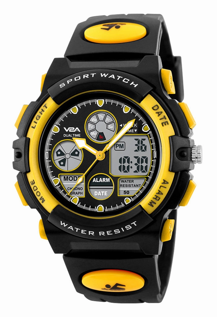V2A Analogue Digital 5ATM Waterproof Kids Sports Watch with Backlight Alarm Stopwatch for Boys and Girls (White Dial and Yellow Colored Strap),kids watch,smart watch for kids,kids GPS watch,waterproof kids watch,affordable smart watch for kids,watch for 3-