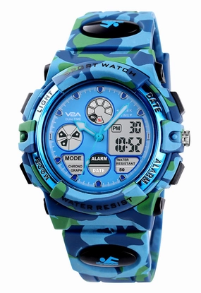 V2A Camouflage Analogue Digital Waterproof Kids Sports Watch with Backlight Alarm Stopwatch for Boys and Girls (White Dial with Blue and Green Colored Strap),kids watch,smart watch for kids,kids GPS watch,waterproof kids watch,affordable smart watch for ki