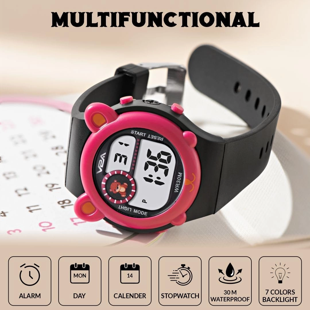 V2A Critter Series Digital Watch for Kids (Ages 3??0) ??Cute Cat Ears, 7-Color Backlight, Waterproof, Alarm & Stopwatch