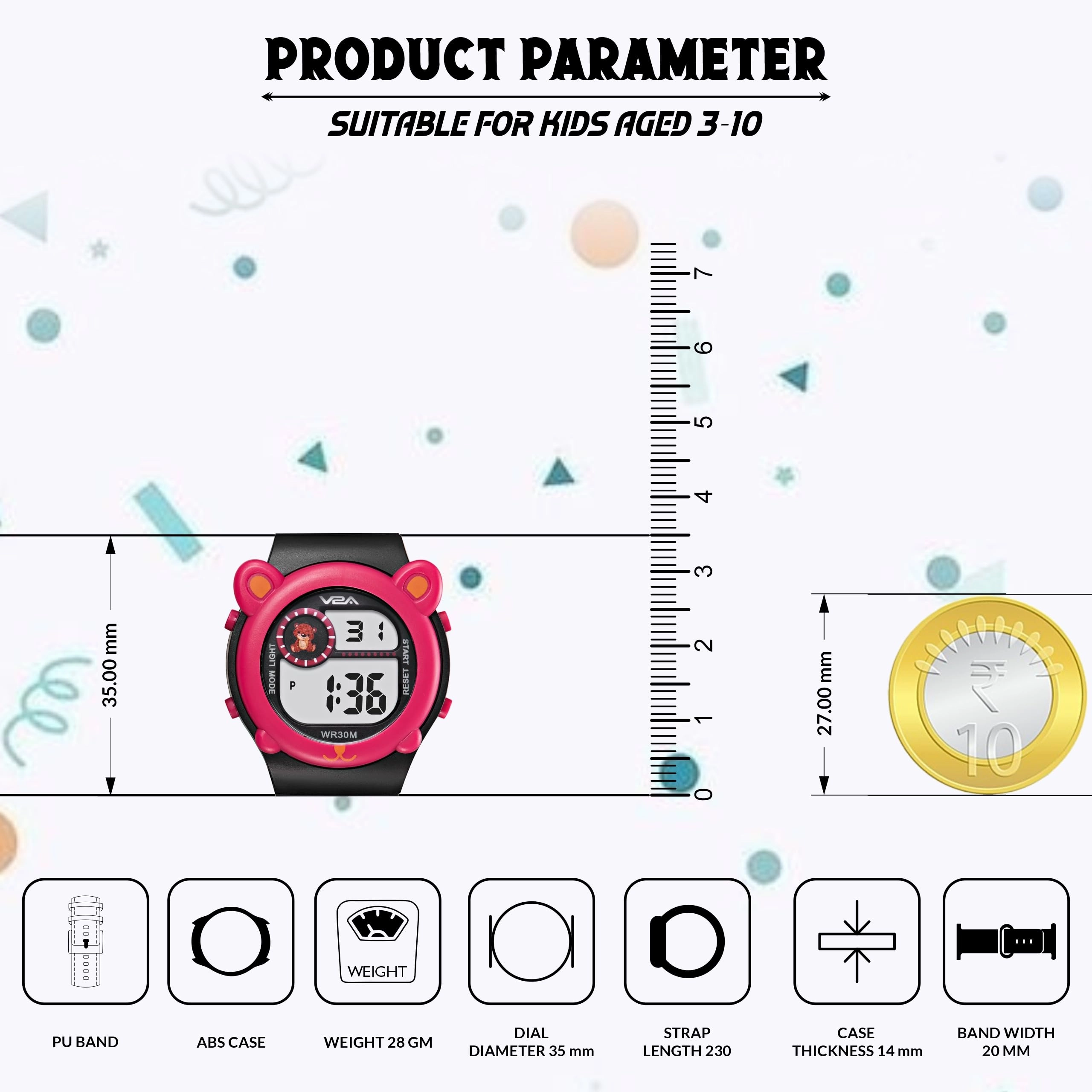V2A Critter Series Digital Watch for Kids (Ages 3??0) ??Cute Cat Ears, 7-Color Backlight, Waterproof, Alarm & Stopwatch