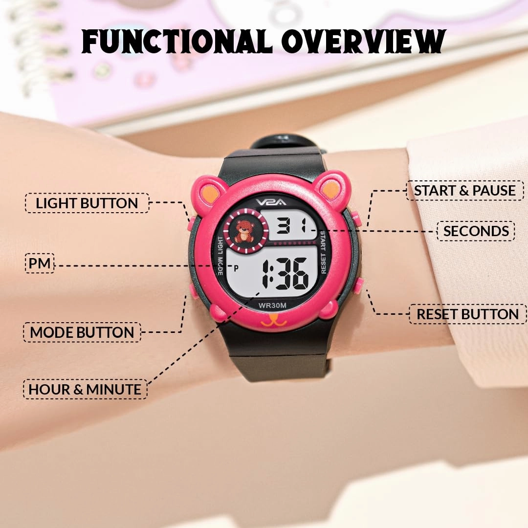 V2A Critter Series Digital Watch for Kids (Ages 3??0) ??Cute Cat Ears, 7-Color Backlight, Waterproof, Alarm & Stopwatch