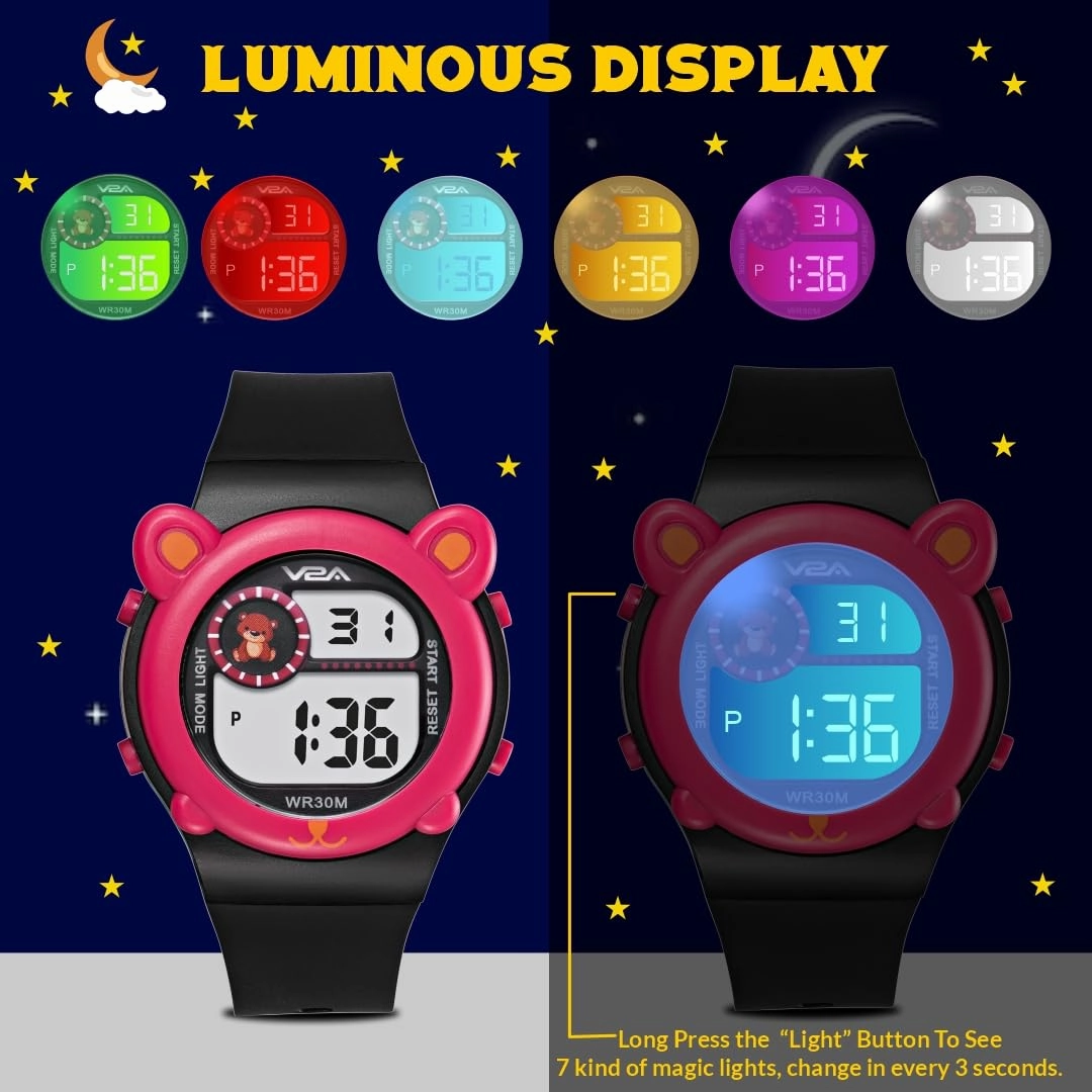 V2A Critter Series Digital Watch for Kids (Ages 3??0) ??Cute Cat Ears, 7-Color Backlight, Waterproof, Alarm & Stopwatch