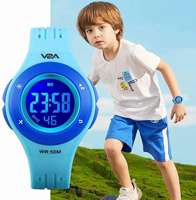 V2A Digital 5ATM Waterproof Kids Sports Watch with 7 Color Backlight Alarm Stopwatch for Boys and Girls (White Dial and Blue Colored Strap)