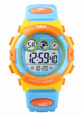 V2A Digital 5ATM Waterproof Kids Sports Watch with 7 Color Backlight Alarm Stopwatch for Boys and Girls (Yellow Dial and Blue Colored Strap),kids watch,smart watch for kids,kids GPS watch,waterproof kids watch,affordable smart watch for kids,watch for 3-10
