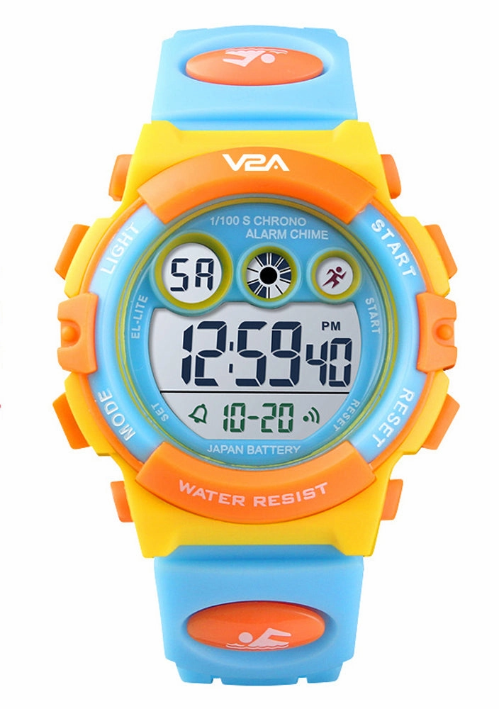 V2A Digital 5ATM Waterproof Kids Sports Watch with 7 Color Backlight Alarm Stopwatch for Boys and Girls (Yellow Dial and Blue Colored Strap),kids watch,smart watch for kids,kids GPS watch,waterproof kids watch,affordable smart watch for kids,watch for 3-10