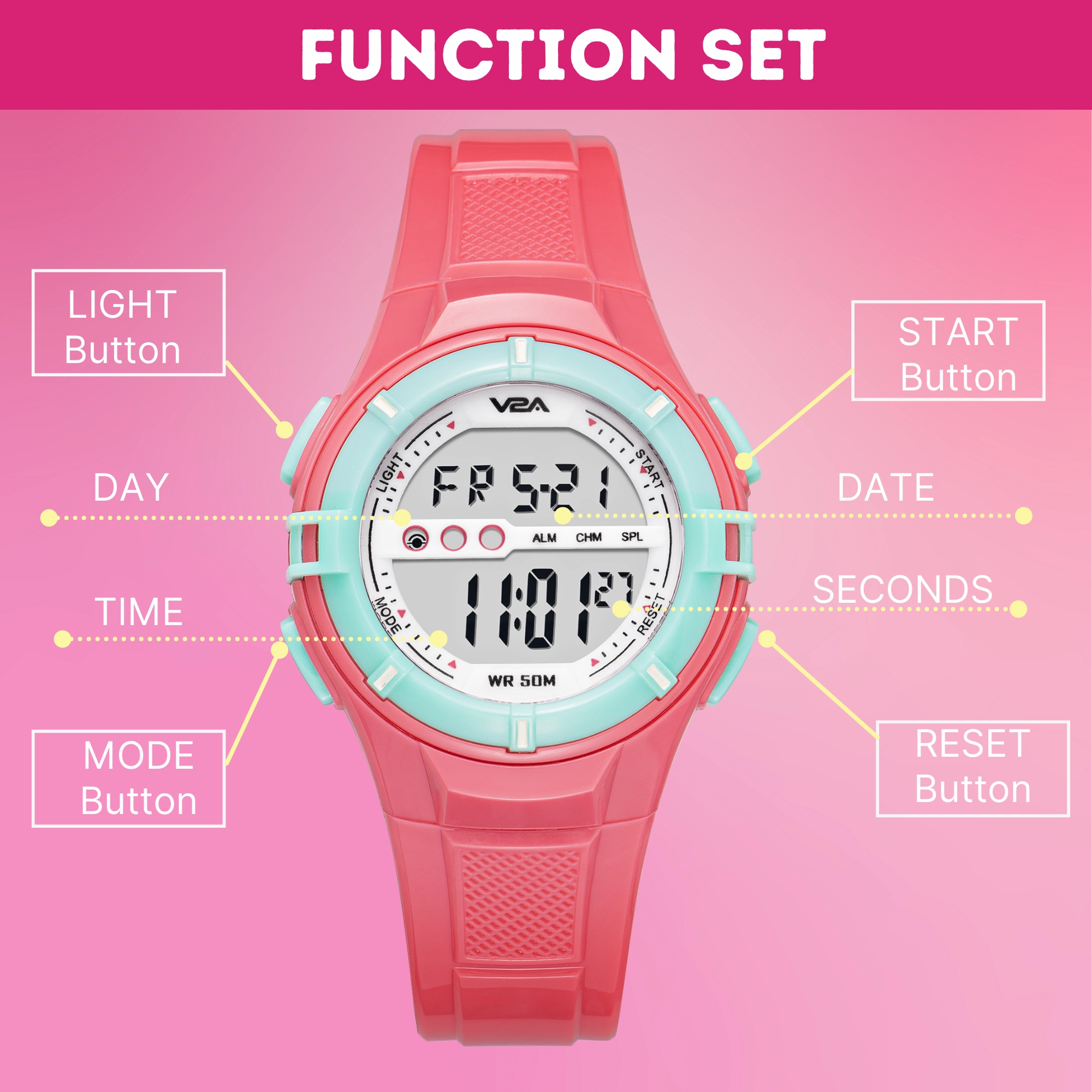 V2A Digital 5ATM Waterproof Kids White Sports Watch for Girls