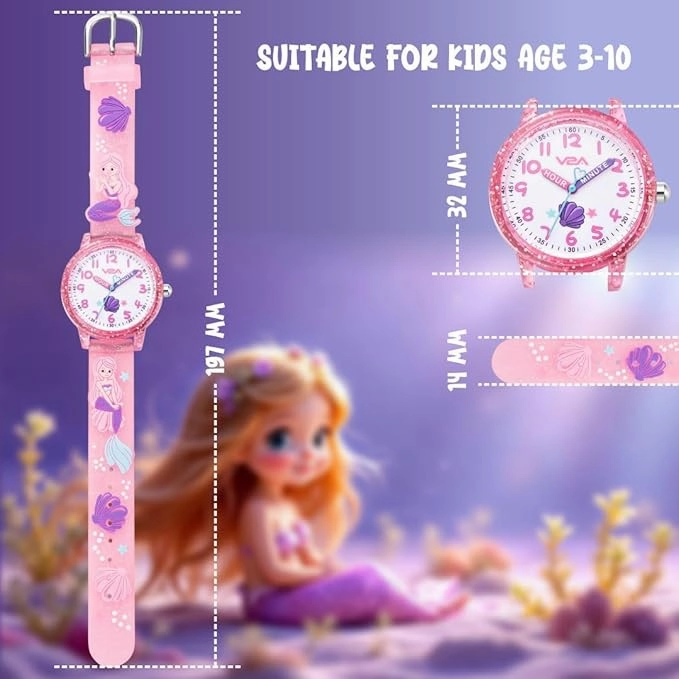 V2A Girls' Analog Watch ??Cute 3D Mermaid Design | Soft Multicolour Silicone Strap | 30M Water-Resistant | Quartz Movement | Fun & Educational Time Learning | Perfect Gift for Kids Aged 3??0