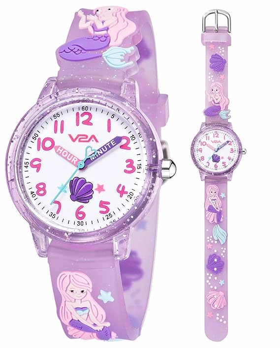 V2A Girls' Analog Watch ??Cute 3D Mermaid Design | Soft Multicolour Silicone Strap | 30M Water-Resistant | Quartz Movement | Fun & Educational Time Learning | Perfect Gift for Kids Aged 3??0