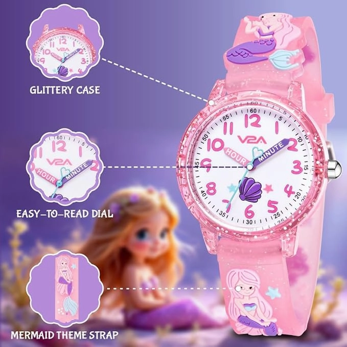 V2A Girls' Analog Watch ??Cute 3D Mermaid Design | Soft Multicolour Silicone Strap | 30M Water-Resistant | Quartz Movement | Fun & Educational Time Learning | Perfect Gift for Kids Aged 3??0