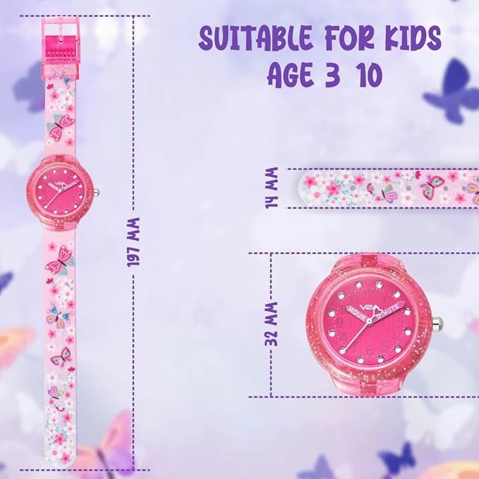 V2A Girls Analogue Watch ??Pink | Glitter Sparkle Case, Printed Strap, 30M Waterproof | Fun & Educational Time Learning Watch for Kids Ages 3-10 | Quartz Movement | Ideal Birthday or Return Gift