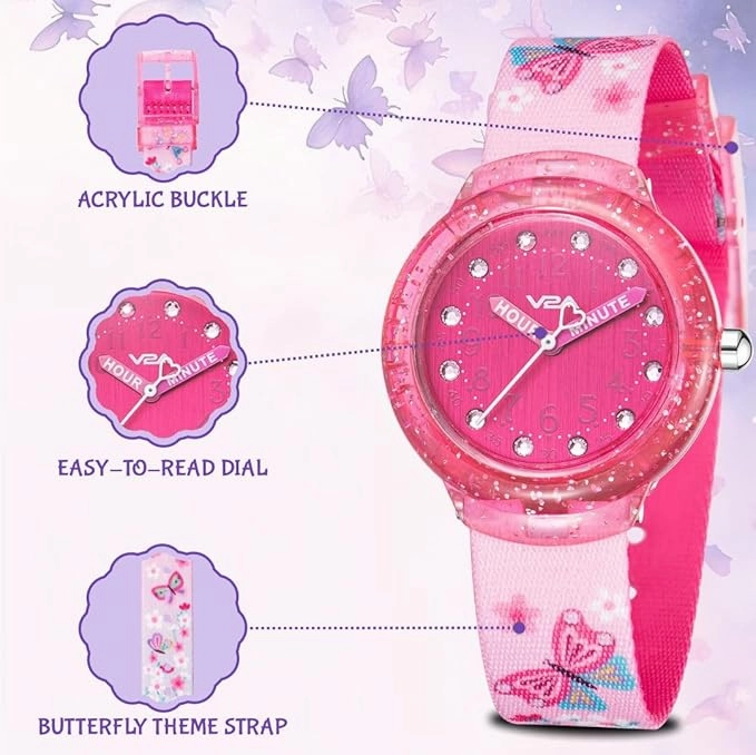 V2A Girls Analogue Watch ??Pink | Glitter Sparkle Case, Printed Strap, 30M Waterproof | Fun & Educational Time Learning Watch for Kids Ages 3-10 | Quartz Movement | Ideal Birthday or Return Gift