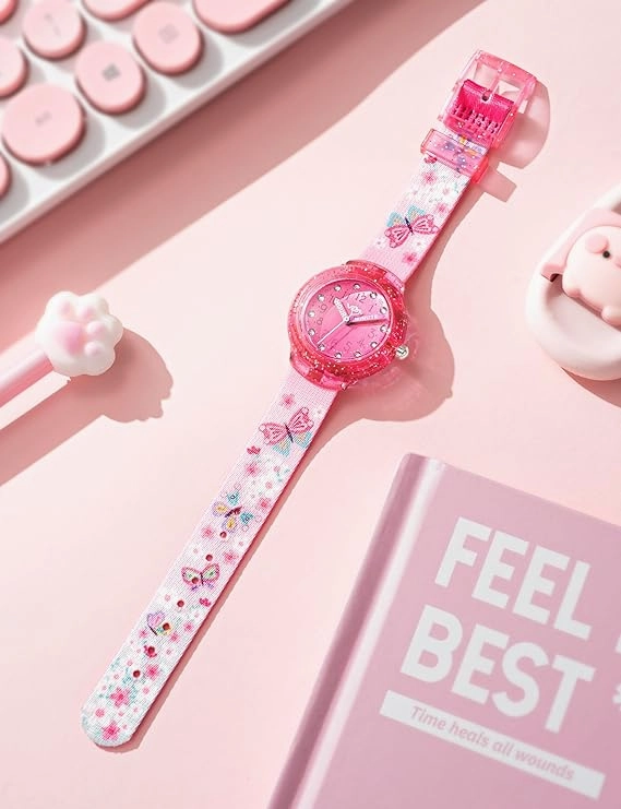 V2A Girls Analogue Watch ??Pink | Glitter Sparkle Case, Printed Strap, 30M Waterproof | Fun & Educational Time Learning Watch for Kids Ages 3-10 | Quartz Movement | Ideal Birthday or Return Gift