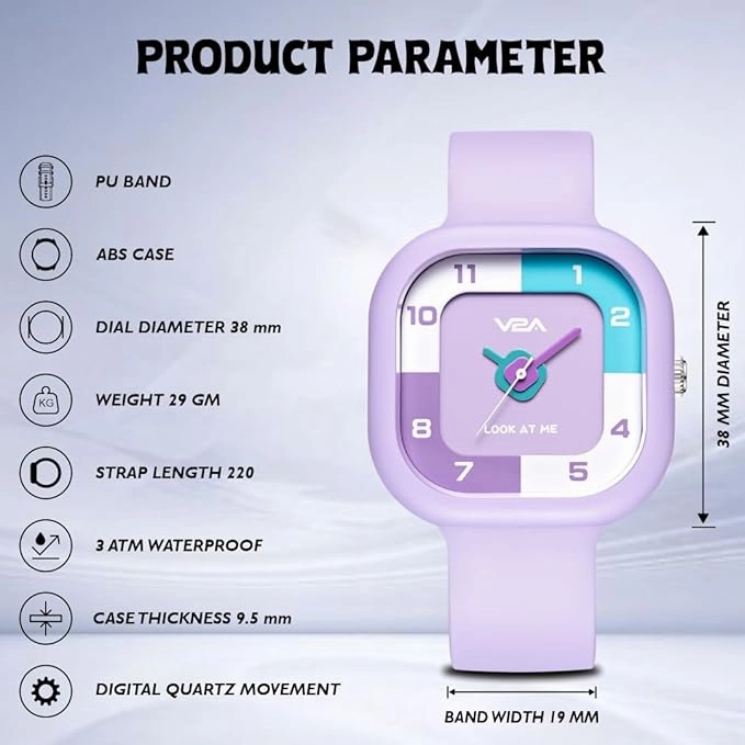 V2A Girls??Cute Analog Watch ??Soft silicone Band with Square Printed Dial | Waterproof Kids Watch for Ages 4??3 | Stylish Timepiece for Girls (30M Water Resistant)