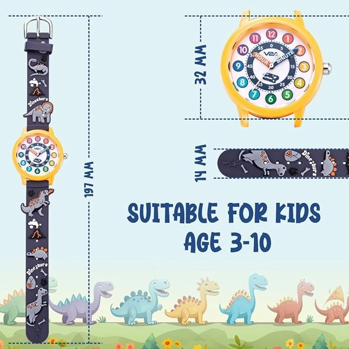 V2A Kids' Analog Wrist Watch for Boys ??D Dinosaur Theme | Multicolour Soft Silicone Strap | 30M Waterproof | Quartz Movement | Fun Time Learning Watch | Ideal Birthday & Return Gift for Ages 3??0 (Grey)
