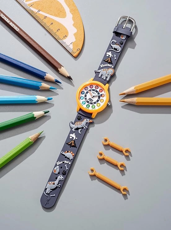 V2A Kids' Analog Wrist Watch for Boys ??D Dinosaur Theme | Multicolour Soft Silicone Strap | 30M Waterproof | Quartz Movement | Fun Time Learning Watch | Ideal Birthday & Return Gift for Ages 3??0 (Grey)