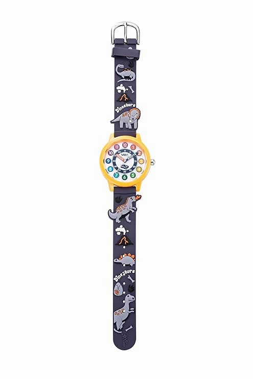 V2A Kids' Analog Wrist Watch for Boys ??D Dinosaur Theme | Multicolour Soft Silicone Strap | 30M Waterproof | Quartz Movement | Fun Time Learning Watch | Ideal Birthday & Return Gift for Ages 3??0 (Grey)