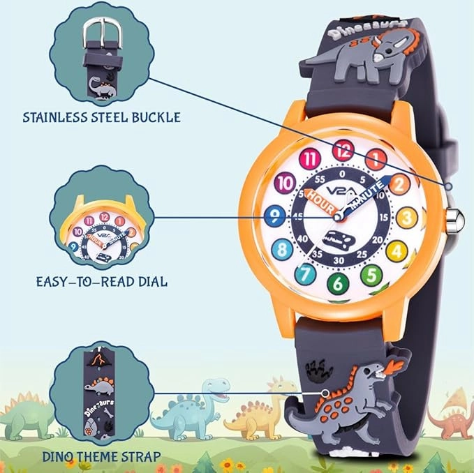 V2A Kids' Analog Wrist Watch for Boys ??D Dinosaur Theme | Multicolour Soft Silicone Strap | 30M Waterproof | Quartz Movement | Fun Time Learning Watch | Ideal Birthday & Return Gift for Ages 3??0 (Grey)