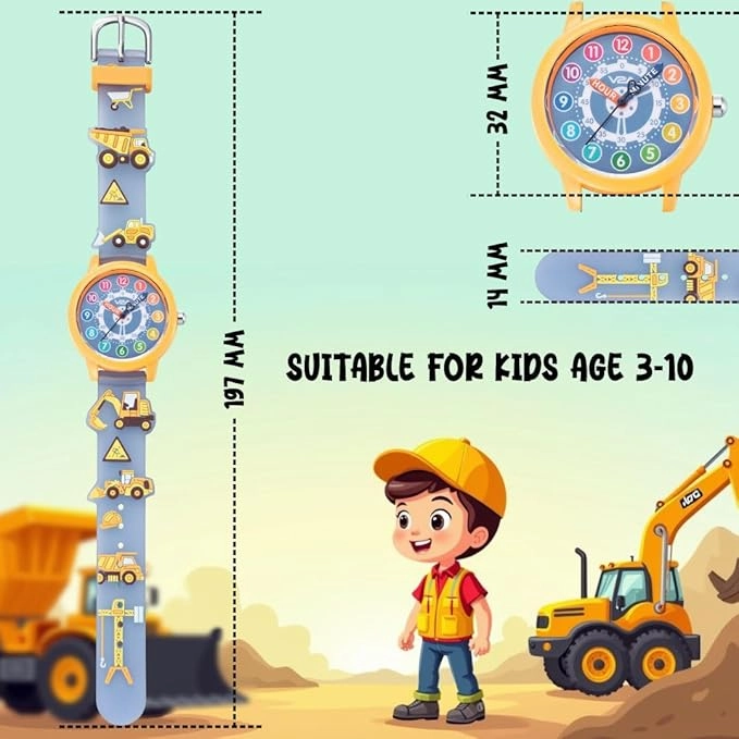 V2A Kids' Unisex Analogue Watch, 3D Construction Theme | Excavator, Loader & Dumper Print | Durable Silicone Strap | 30M Waterproof | Quartz Movement | Fun Time Learning Watch for Boys & Girls Ages 3??0
