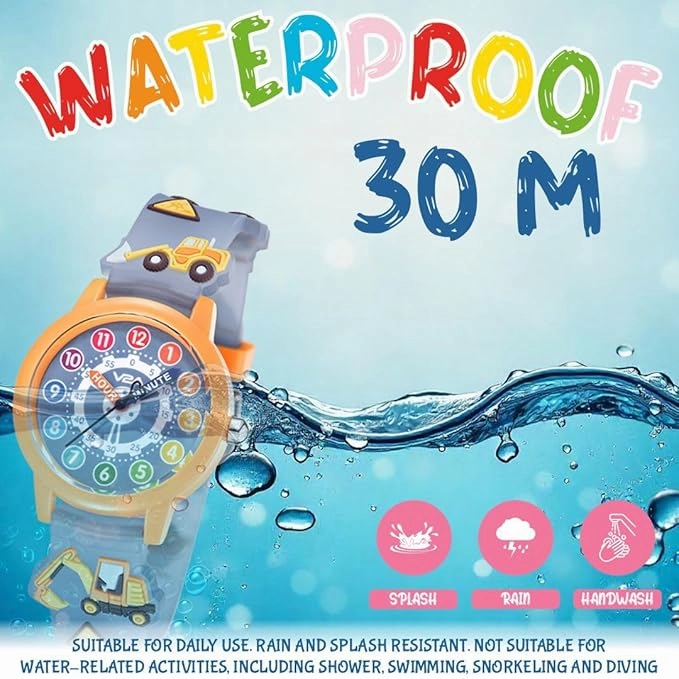 V2A Kids' Unisex Analogue Watch, 3D Construction Theme | Excavator, Loader & Dumper Print | Durable Silicone Strap | 30M Waterproof | Quartz Movement | Fun Time Learning Watch for Boys & Girls Ages 3??0