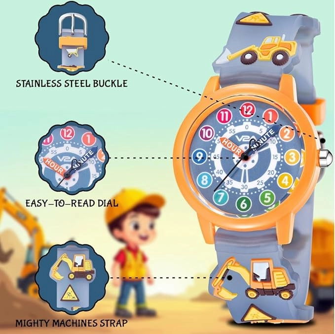 V2A Kids' Unisex Analogue Watch, 3D Construction Theme | Excavator, Loader & Dumper Print | Durable Silicone Strap | 30M Waterproof | Quartz Movement | Fun Time Learning Watch for Boys & Girls Ages 3??0