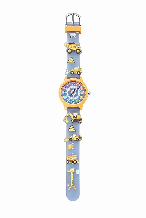 V2A Kids' Unisex Analogue Watch, 3D Construction Theme | Excavator, Loader & Dumper Print | Durable Silicone Strap | 30M Waterproof | Quartz Movement | Fun Time Learning Watch for Boys & Girls Ages 3??0