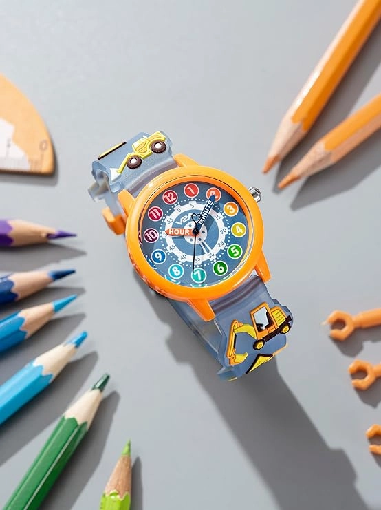 V2A Kids' Unisex Analogue Watch, 3D Construction Theme | Excavator, Loader & Dumper Print | Durable Silicone Strap | 30M Waterproof | Quartz Movement | Fun Time Learning Watch for Boys & Girls Ages 3??0