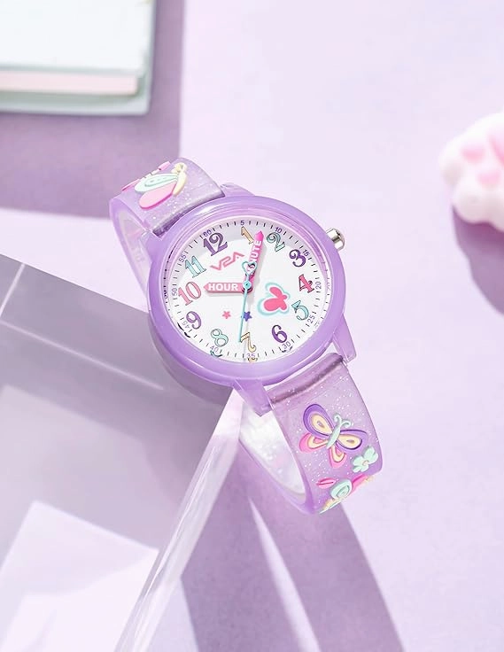 V2A Kids Analog Watch ??3D Butterfly Theme, Soft Multicolour Silicone Strap, 30M Waterproof, Quartz Movement | Easy Time Learning Watch for Girls Aged 3??0 | Birthday & Return Gift