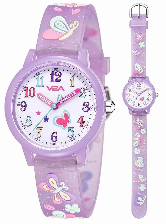V2A Kids Analog Watch ??3D Butterfly Theme, Soft Multicolour Silicone Strap, 30M Waterproof, Quartz Movement | Easy Time Learning Watch for Girls Aged 3??0 | Birthday & Return Gift
