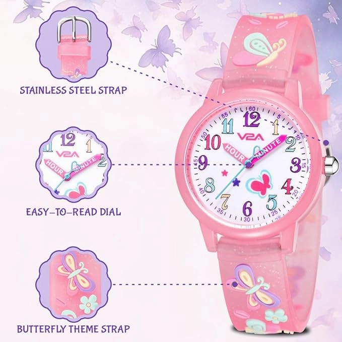 V2A Kids Analog Watch ??3D Butterfly Theme, Soft Multicolour Silicone Strap, 30M Waterproof, Quartz Movement | Easy Time Learning Watch for Girls Aged 3??0 | Birthday & Return Gift