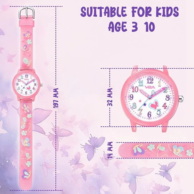 V2A Kids Analog Watch ??3D Butterfly Theme, Soft Multicolour Silicone Strap, 30M Waterproof, Quartz Movement | Easy Time Learning Watch for Girls Aged 3??0 | Birthday & Return Gift