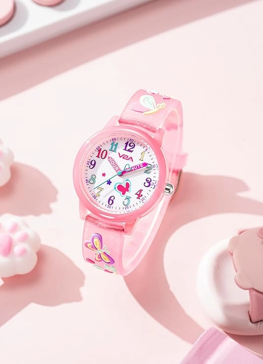 V2A Kids Analog Watch ??3D Butterfly Theme, Soft Multicolour Silicone Strap, 30M Waterproof, Quartz Movement | Easy Time Learning Watch for Girls Aged 3??0 | Birthday & Return Gift