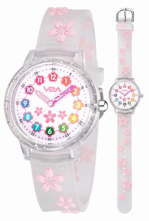 V2A Kids Analog Watch ??Cute 3D Floral Cartoon Design, Soft Multicolour Silicone Strap, 30M Waterproof, Easy Time Learning Quartz Watch for Girls Aged 3??0 | Birthday & Return Gift