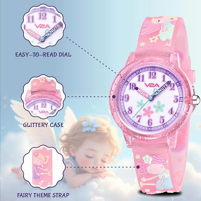 V2A Kids Analog Watch ??Cute 3D Floral Cartoon Design, Soft Multicolour Silicone Strap, 30M Waterproof, Easy Time Learning Quartz Watch for Girls Aged 3??0 | Birthday & Return Gift