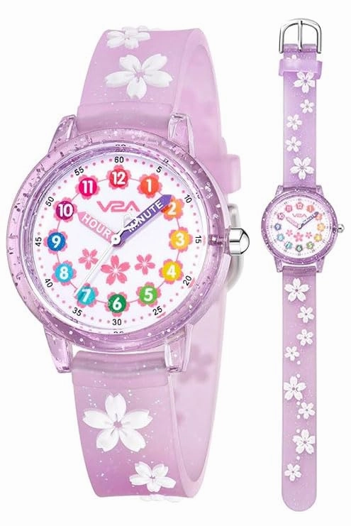 V2A Kids Analog Watch ??Cute 3D Floral Cartoon Design, Soft Multicolour Silicone Strap, 30M Waterproof, Easy Time Learning Quartz Watch for Girls Aged 3??0 | Birthday & Return Gift