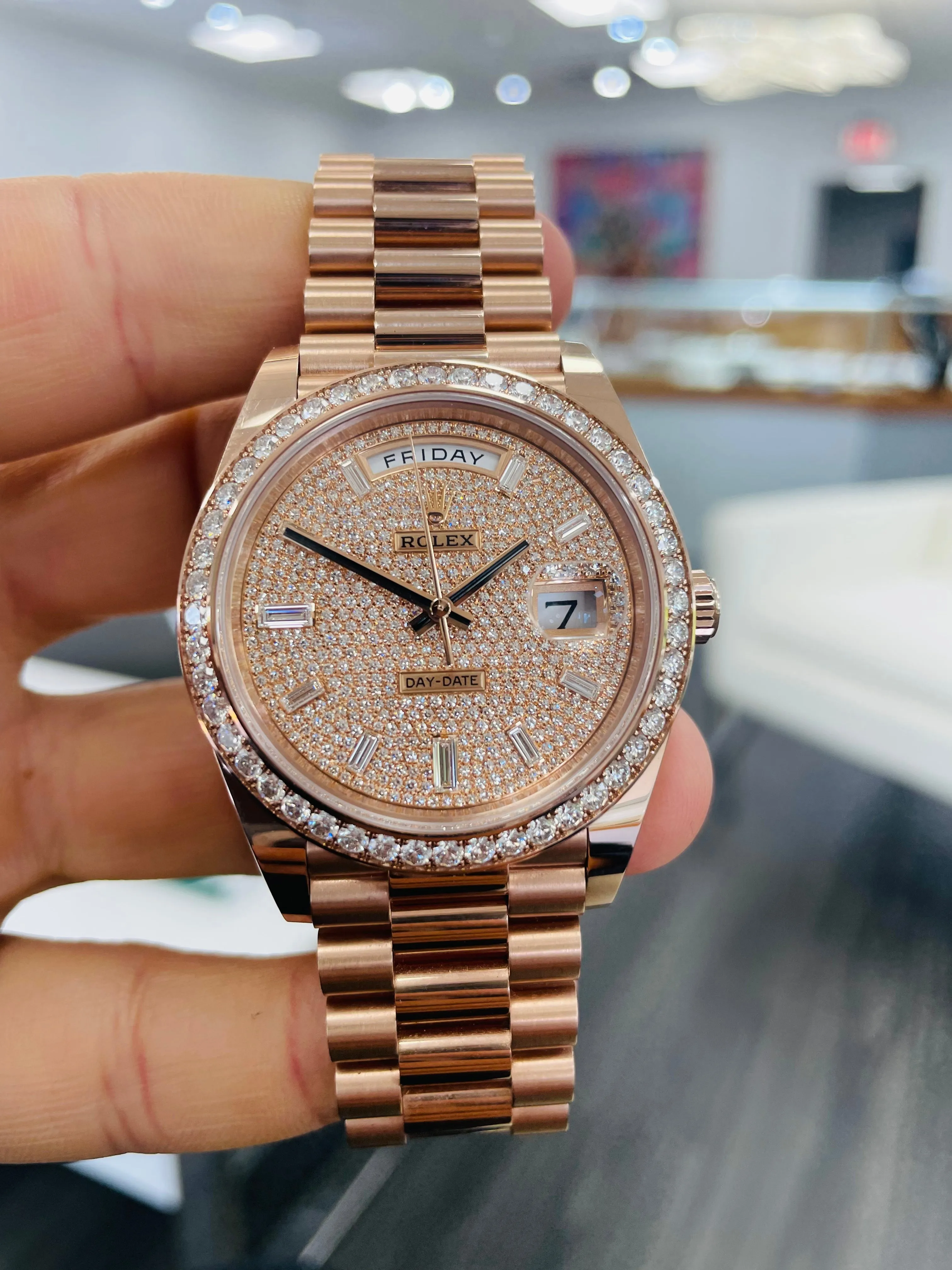   x 228345RBR Day-Date 40 Factory Pave Diamond Dial Factory Diamond Bezel President Bracelet Rose Gold