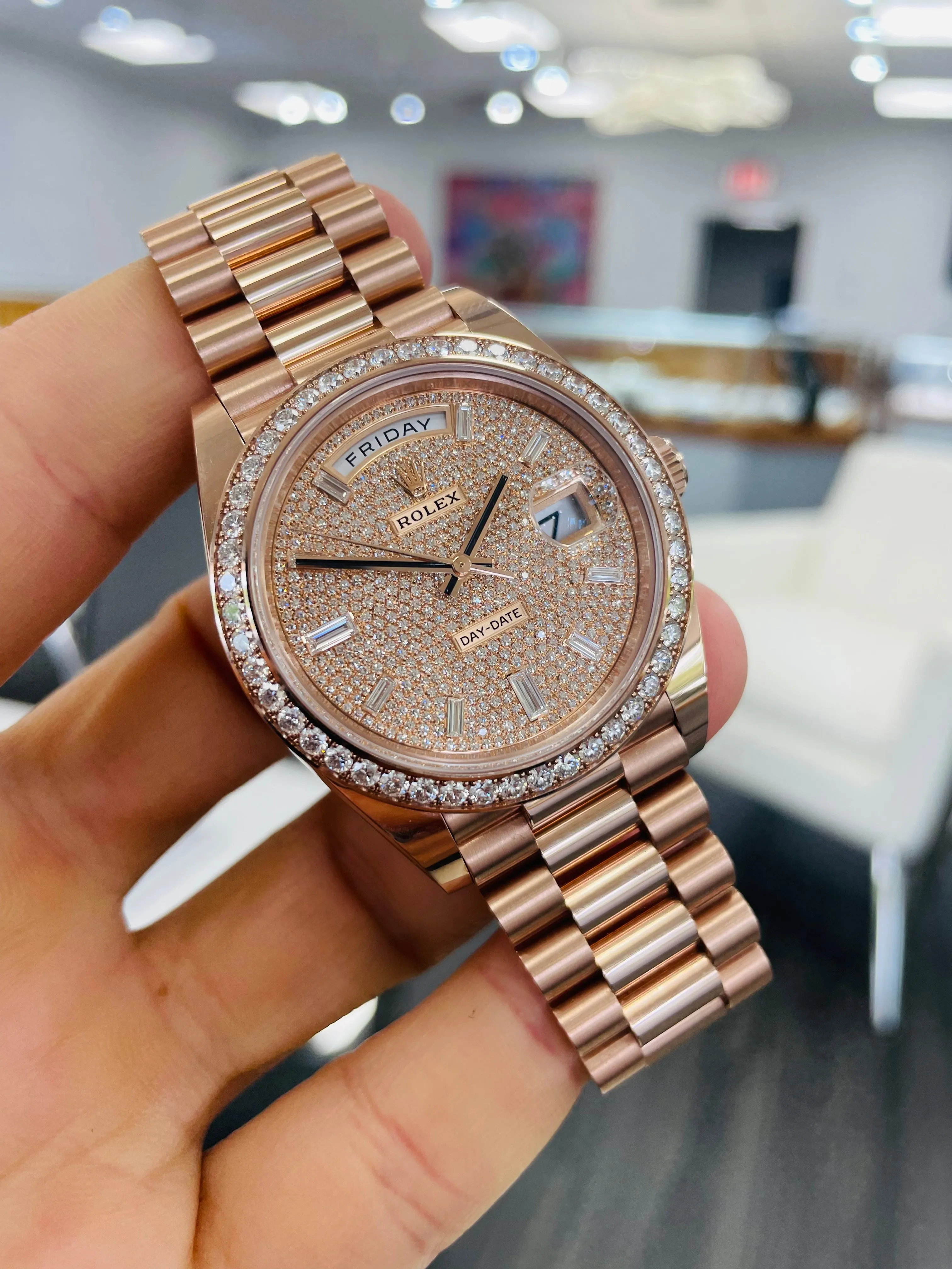   x 228345RBR Day-Date 40 Factory Pave Diamond Dial Factory Diamond Bezel President Bracelet Rose Gold