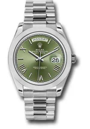   x 950 Platinum Day-Date 40 Watch - Smooth Bezel - Olive Green Bevelled Roman Dial - President Bracelet - 228206 ogrp Day-Date Watches Affordable Day-Date Watch
