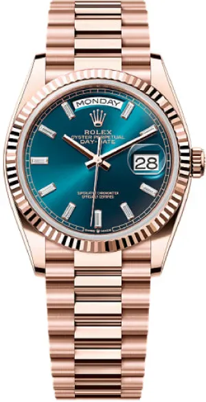   x Day-Date 36 36mm Blue-Green Diamond-Set Dial Fluted Bezel President Bracelet - 128235 | 2024 Model Day-Date Watches Affordable Day-Date Watch