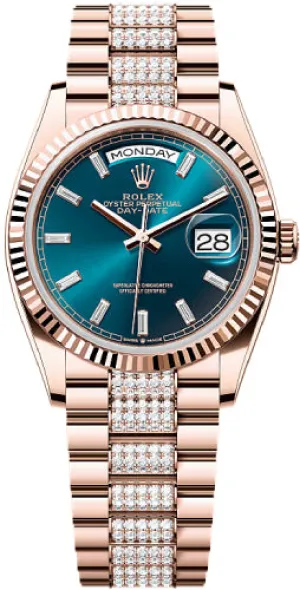   x Day-Date 36 36mm Blue Green Diamond-Set Dial Fluted Bezel President Bracelet - 128235 | 2024 Model Day-Date Watches Affordable Day-Date Watch
