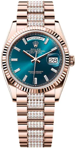   x Day-Date 36 36mm Blue Green Diamond-Set Dial Fluted Bezel President Bracelet - 128235 | 2024 Model Day-Date Watches Affordable Day-Date Watch