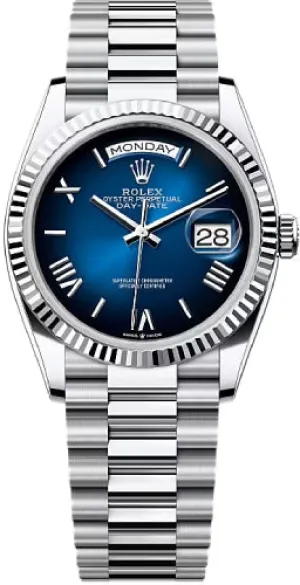   x Day-Date 36 36mm Blue Ombr Dial Fluted Bezel President Bracelet - 128236 | 2024 Model Day-Date Watches Affordable Day-Date Watch