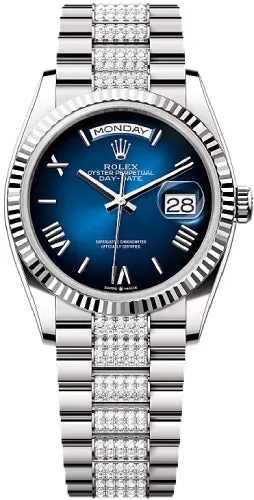   x Day-Date 36 36mm Blue Ombr Dial Fluted Bezel with Diamond-Set President Bracelet - 128239 | 2024 Model Day-Date Watches Affordable Day-Date Watch