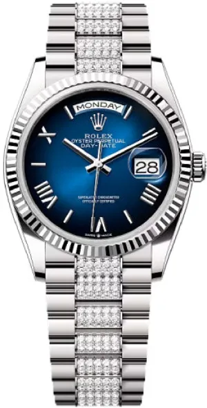   x Day-Date 36 36mm Blue Ombr Dial Fluted Bezel with Diamond-Set President Bracelet - 128239 | 2024 Model Day-Date Watches Affordable Day-Date Watch