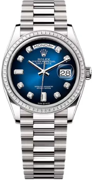   x Day-Date 36 36mm Blue Ombr Diamond-Set Dial Diamond-Set Bezel President Bracelet - 128399TBR | 2024 Model Day-Date Watches Affordable Day-Date Watch