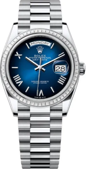   x Day-Date 36 36mm Blue Ombr Roman Dial Diamond-Set Bezel President Bracelet - 128396TBR | 2024 Model Day-Date Watches Affordable Day-Date Watch